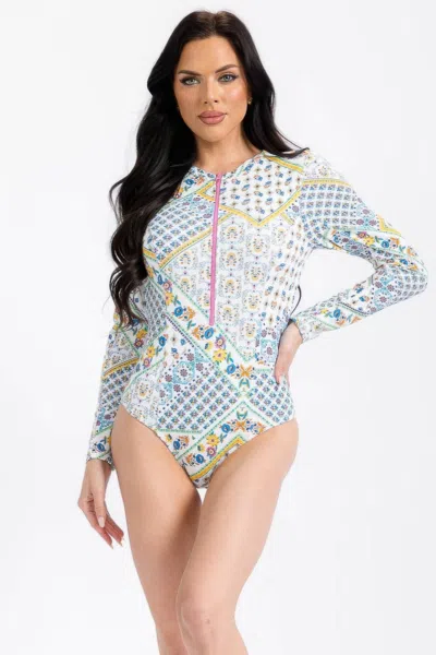 Truedames White Flower Print Long Sleeve Swimsuit