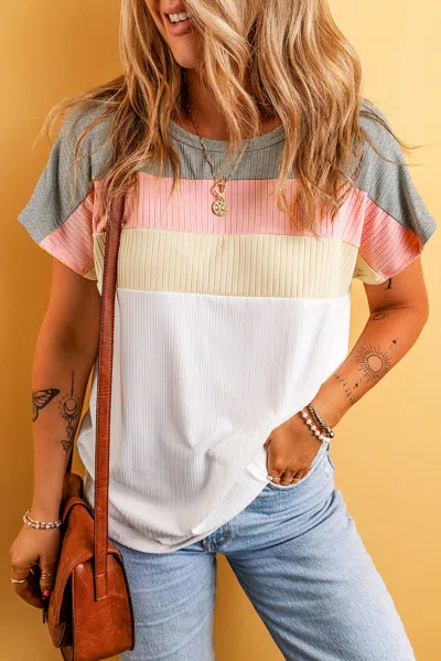 Truedames White Ribbed Color Block Patchwork T-shirt In Multi