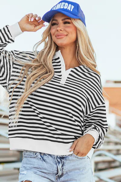 Truedames White Stripe Color Block Buttoned Crew Neck Oversized Sweatshirt In Multi