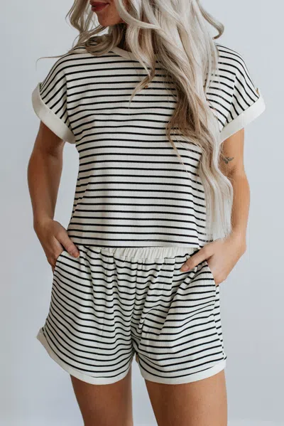 Truedames White Stripe Contrast Edge Tee And Shorts Set In Multi