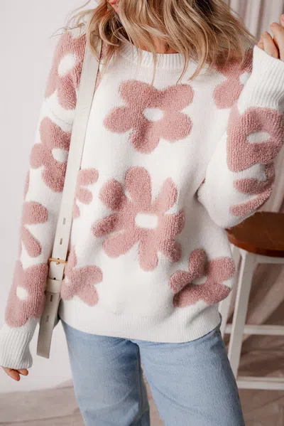Truedames White Textured Flower Drop Shoulder Loose Sweater