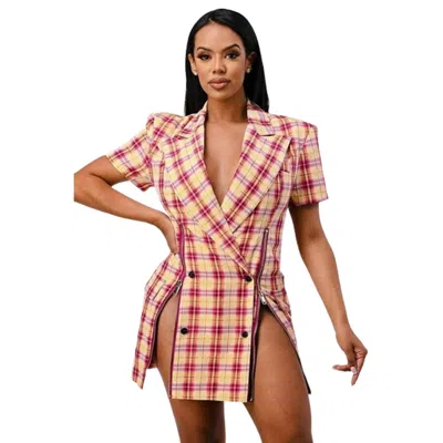 Truedames Wide Collared Double Breasted Plaid Blazer Mini Dress In Multi