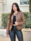 Truedames Woman Fashion Hooded Faux Leather Jacket In Brown
