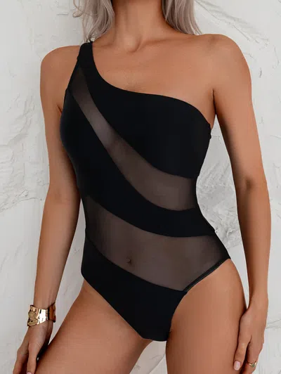Truedames Women's Asymmetrical Shoulder Suspender Top Translucent Mesh Swimsuit In Black