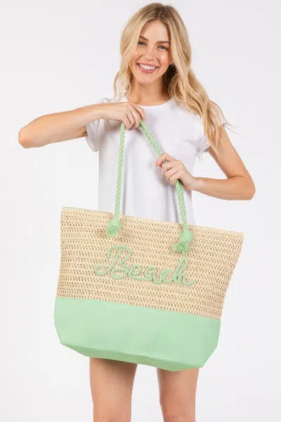 Truedames Women's Color Sewn Rope Beach Letter And Strap Crochet Fabric Tote In Green