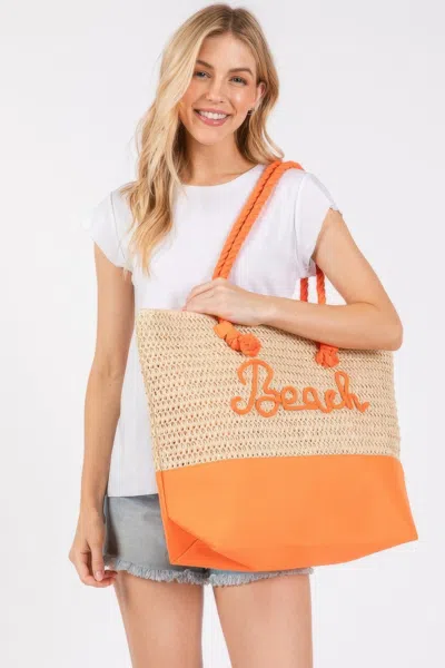 Truedames Women's Color Sewn Rope Beach Letter And Strap Crochet Fabric Tote In Orange