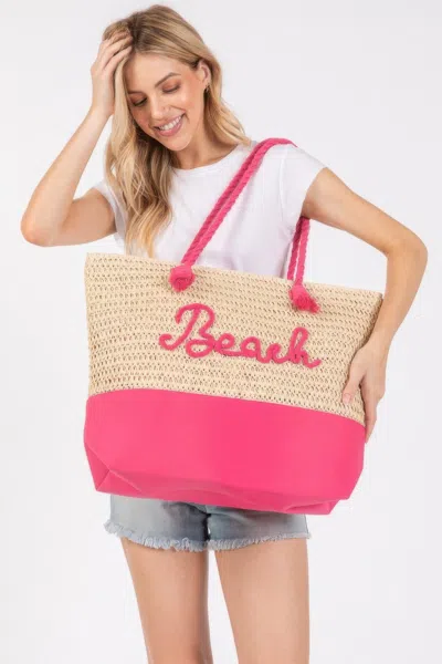 Truedames Women's Color Sewn Rope Beach Letter And Strap Crochet Fabric Tote In Pink
