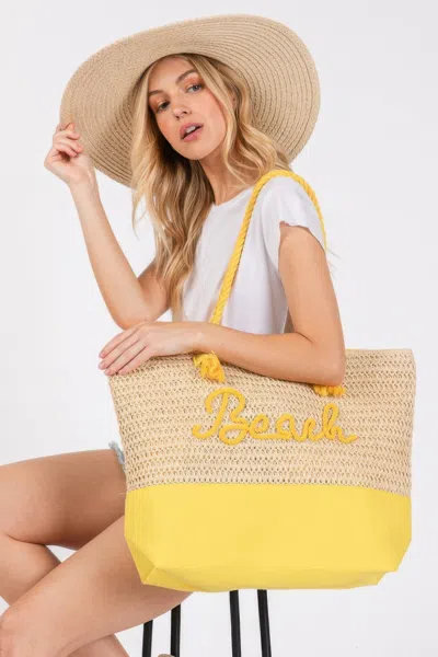 Truedames Women's Color Sewn Rope Beach Letter And Strap Crochet Fabric Tote In Yellow