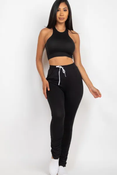 Truedames Women's Crop Tank Top & Ruched Pants Set In Black