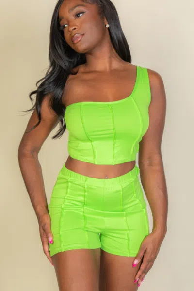 Truedames Women's Exposed Seam One Shoulder Crop Top & Shorts Set In Green