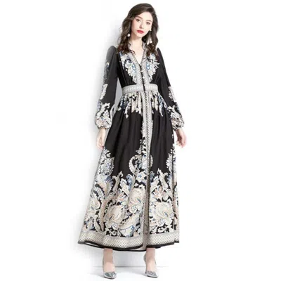 Truedames Printed V-neck Ruffled Cap Sleeve Dress In Black