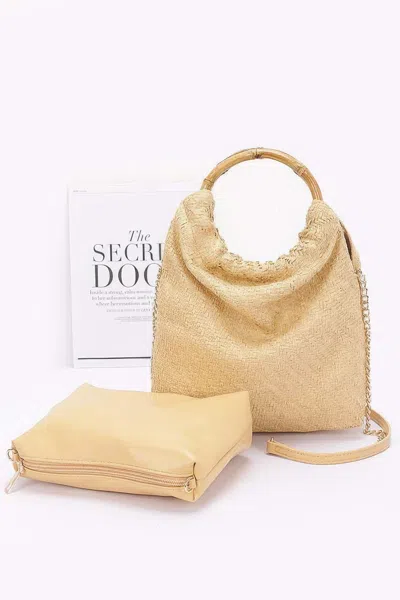 Truedames Women's Faux Straw Bamboo Handle Handbag In Sand