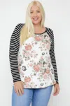 Truedames Women's Floral Top Featuring Raglan Style Striped Sleeves And A Round Neck In Multi