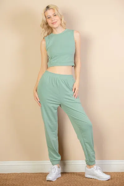 Truedames Women's French Terry Elastic Waist Tank Top & Joggers Set In Green