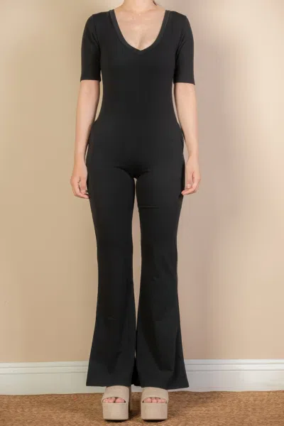 Truedames Women's French Terry Short Sleeve Flare Jumpsuit In Black