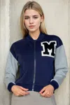 Truedames Women's Letter Patched Striped Trim Varsity Jacket In Blue