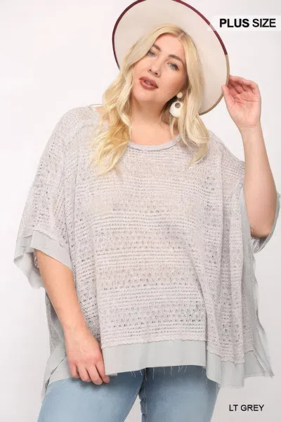 Truedames Women's Light Knit And Woven Mixed Boxy Top With Poncho Sleeve In Gray