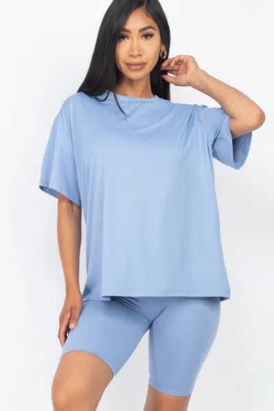 Truedames Women's Loose Fit Top & Biker Shorts Set In Blue