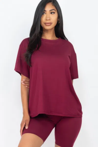 Truedames Women's Loose Fit Top & Biker Shorts Set In Burgundy