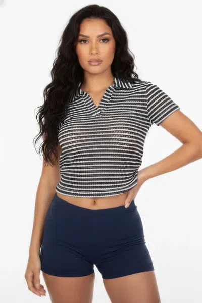 Truedames Women's Pineapple Knit Striped Polo Crop Top In Blue
