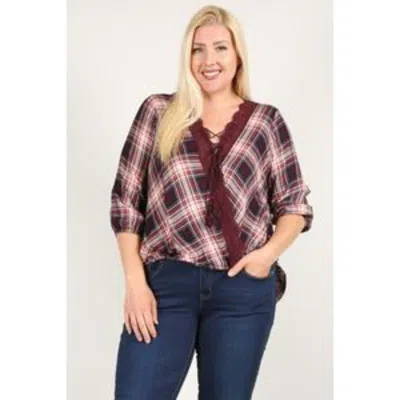 Truedames Women's Plaid 3/4 Sleeve Top With Hi-lo Hem, V-neckline, And Relaxed Fit In Pink