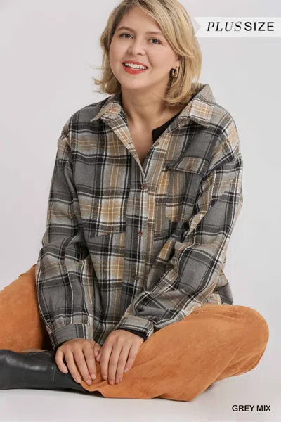 Truedames Women's Plaid Collar Button Down Overshirt With Front Pockets In Gray