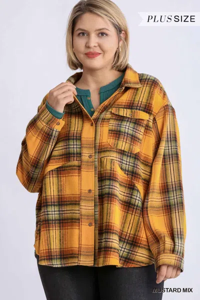 Truedames Women's Plaid Collar Button Down Overshirt With Front Pockets In Yellow