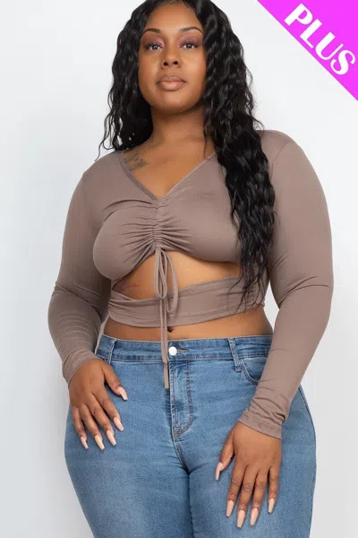 Truedames Women's Plus Size Drawstring Ruched Cutout Crop Top In Brown