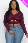 Truedames Women's Plus Size Drawstring Ruched Cutout Crop Top In Burgundy
