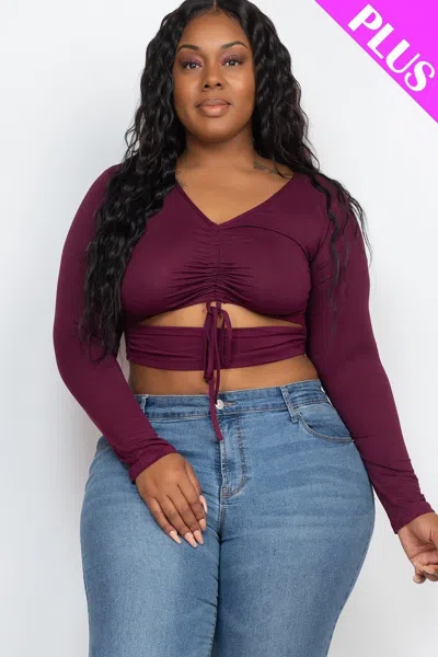 Truedames Women's Plus Size Drawstring Ruched Cutout Crop Top In Burgundy