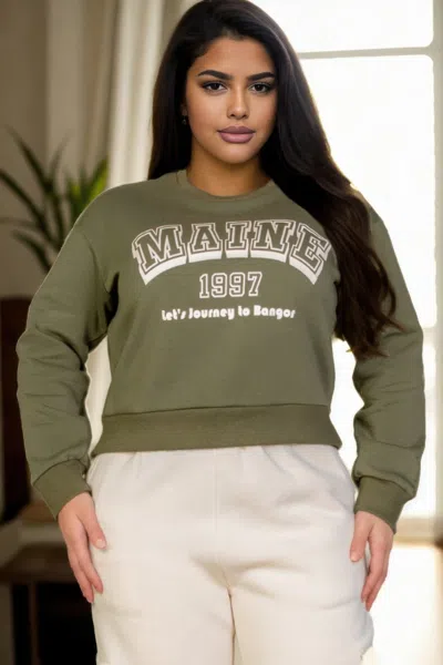 Truedames Women's Plus Size Graphic Drop Shoulder Sweatshirt In Green