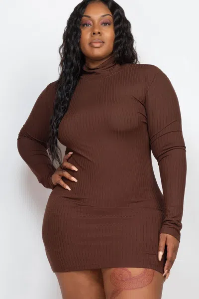 Truedames Women's Plus Size Ribbed Long Sleeve Mock Neck Mini Bodycon Dress In Brown