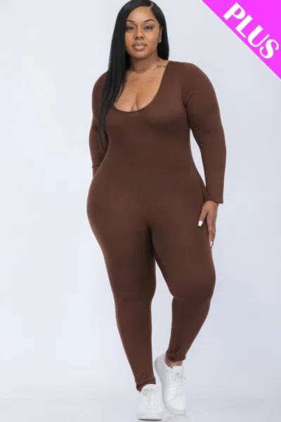 Truedames Women's Plus Size Scoop Neck Long Sleeve Bodycon Jumpsuit In Burgundy