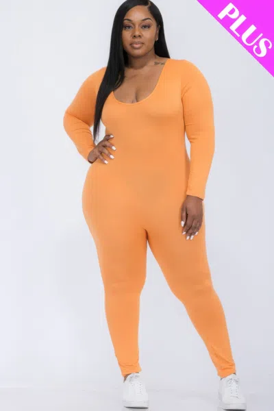 Truedames Women's Plus Size Scoop Neck Long Sleeve Bodycon Jumpsuit In Orange