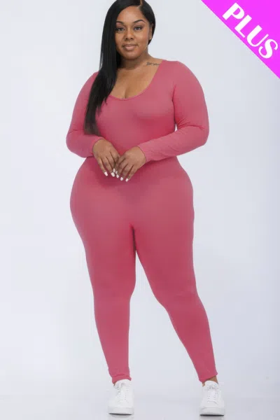 Truedames Women's Plus Size Scoop Neck Long Sleeve Bodycon Jumpsuit In Pink