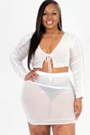 Truedames Women's Plus Size Sheer Mesh Tie Front Crop Top & Ruched Side Mini Dress In White