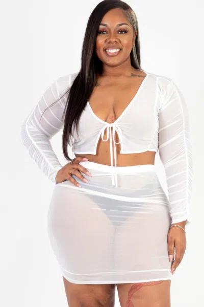 Truedames Women's Plus Size Sheer Mesh Tie Front Crop Top & Ruched Side Mini Dress In White