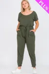 Truedames Women's Plus Size Solid Drawstring Short Sleeve Jumpsuit In Green
