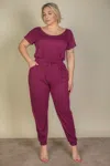 Truedames Women's Plus Size Solid Drawstring Short Sleeve Jumpsuit In Purple