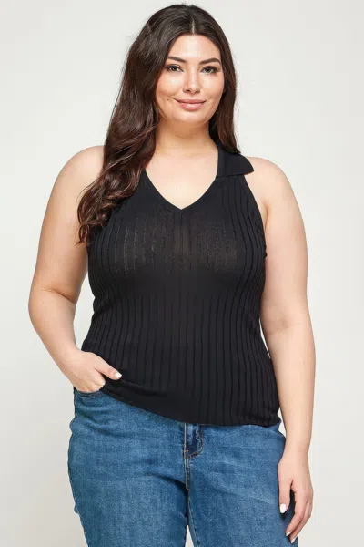 Truedames Women's Plus Size, Solid Ribbed Knit Polo Sleeveless Top In Black
