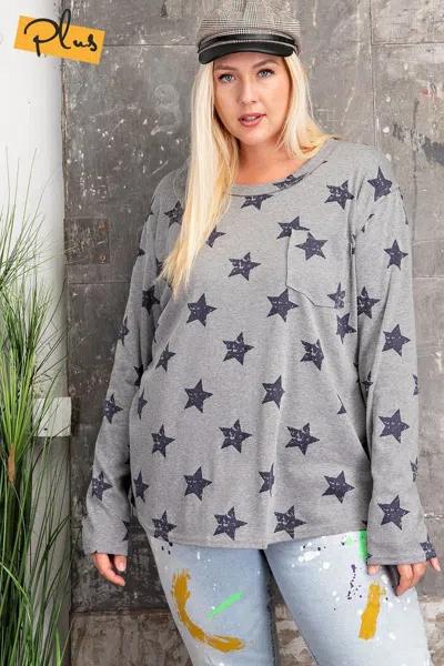Truedames Women's Plus Size Star Printed Poly Rayon Loose Fit Top In Gray