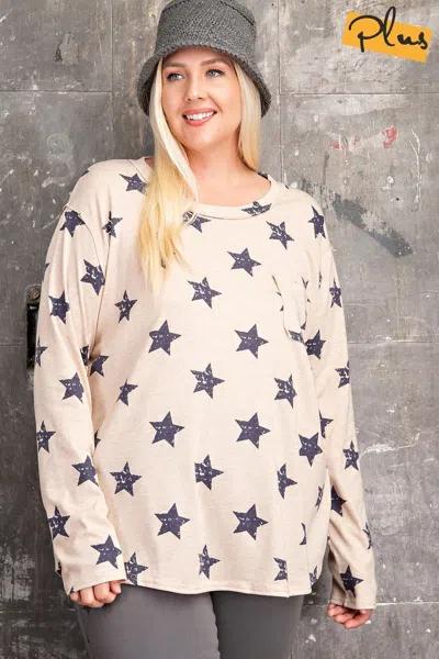 Truedames Women's Plus Size Star Printed Poly Rayon Loose Fit Top In Neutral