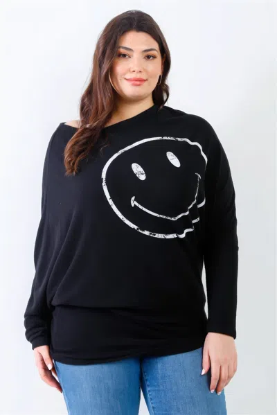 Truedames Women's Plus Smile Front Print Flannel Dolman Sleeve Top In Black