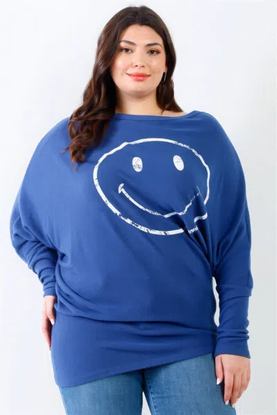 Truedames Women's Plus Smile Front Print Flannel Dolman Sleeve Top In Blue