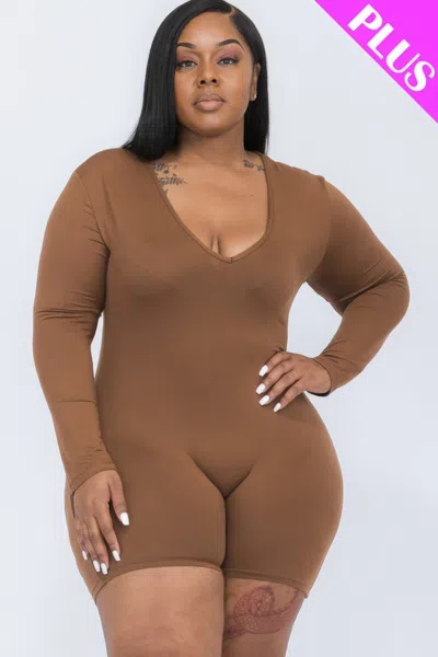 Truedames Women's Plus V-neck Long Sleeve Bodycon Romper In Brown