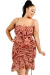 Truedames Women's Plus Wild Animal Print Cami Strap Ruffle Hem Dress In Brown