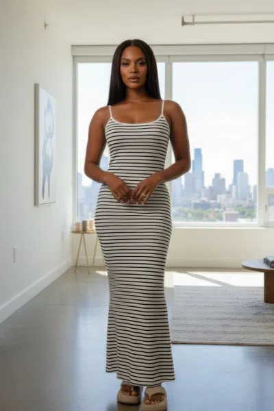 Truedames Women's Rib Knit Striped Bodycon Maxi Slip Dress In Beige