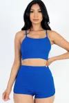 Truedames Women's Ribbed Cami Crop Top & Ruched Shorts Set In Blue