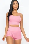 Truedames Women's Ribbed Cami Crop Top & Ruched Shorts Set In Pink