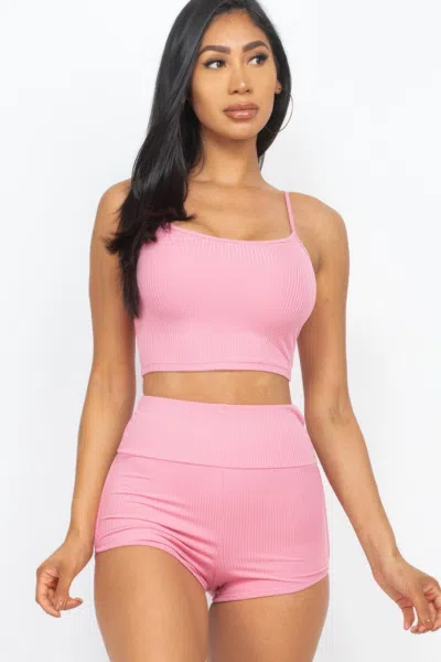 Truedames Women's Ribbed Cami Crop Top & Ruched Shorts Set In Pink
